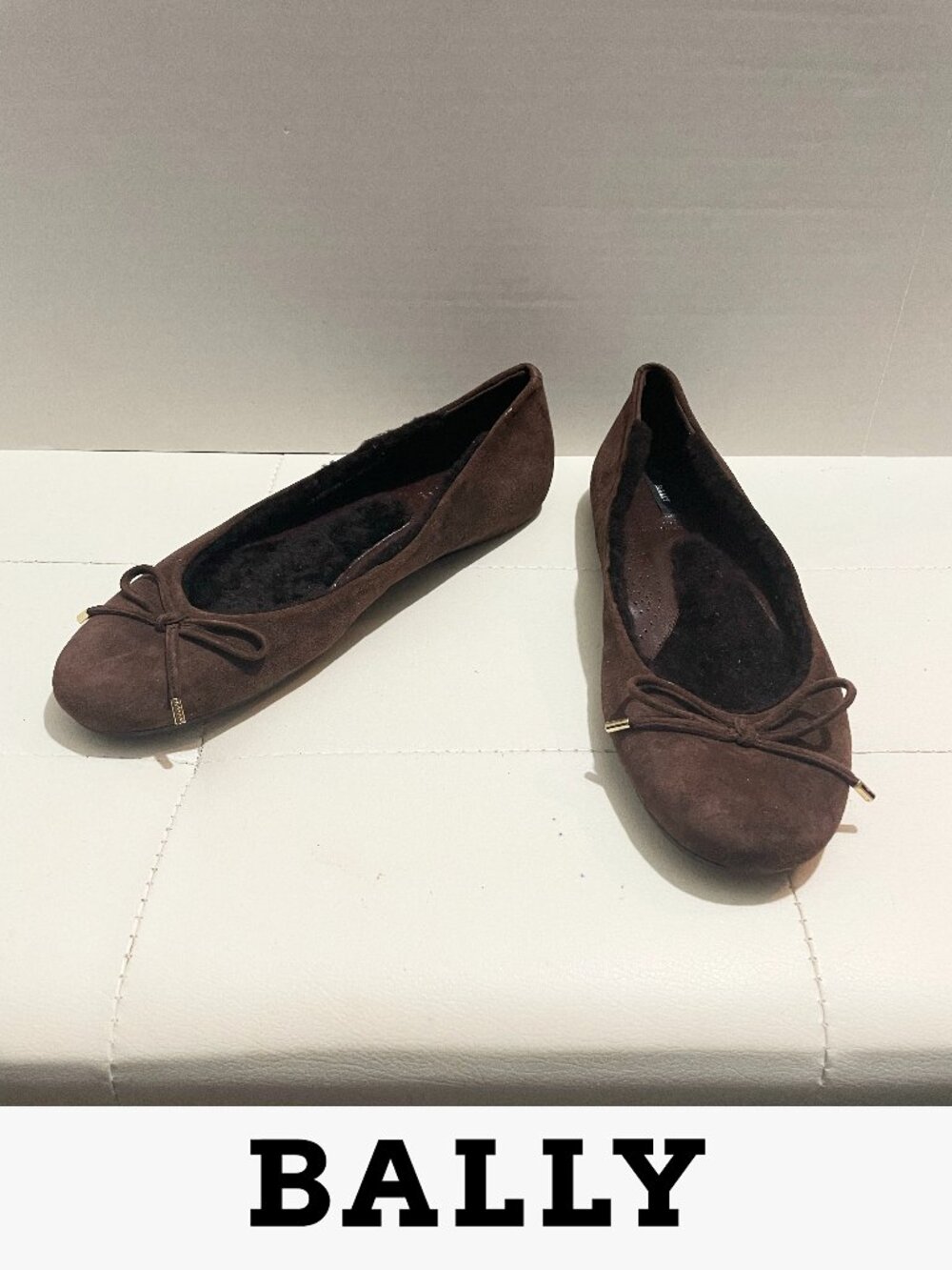 BALLY Switzerland Brown Suede Ballet Flats with Tie Bow & Fur Lining | Size 9